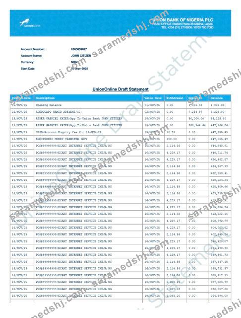 Nigeria Union Bank of Nigeria account statement Word and PDF template